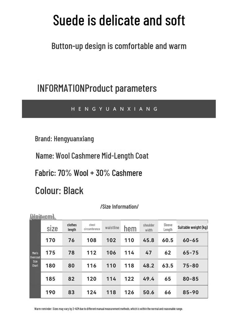 Hengyuanxiang Men's Mid-length Wool & Cashmere Blend Coat