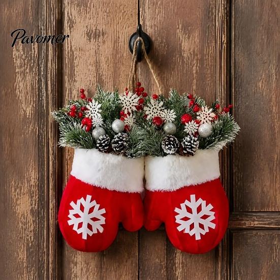 Snowflake Pattern Holiday Wreath Christmas Mitten/Stocking Wreath, Decorative Artificial with Berries Pine Cones, Garland for Wall Branches,