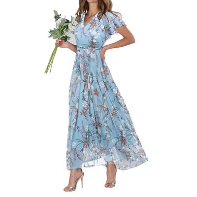 Vestido maxi plissado manga curta vestir-se macio encantador feminino estampa floral vestido casual streetwear