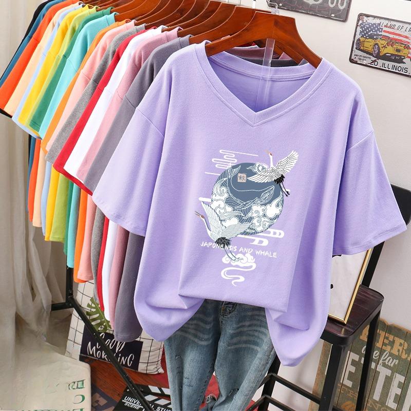 Short-sleeved T-shirt, Loose-fitting, Slimming Printed V-neck Top for Women