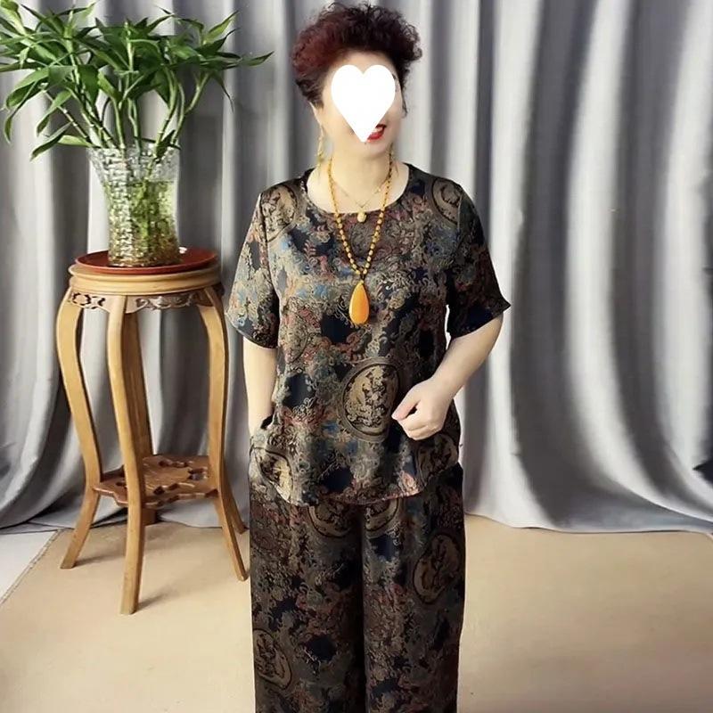 Middle-aged and Elderly Mother's Summer Style Suit, Fashionable Loose Slimming Retro Printed Two-piece Set