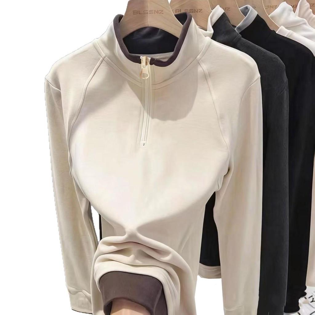 Women's 220g German Fleece Color Block Half-Zip Long Sleeve T-Shirt with Patchwork, Half-High Stand-Up Collar - Autumn/Winter Warm Base Layer