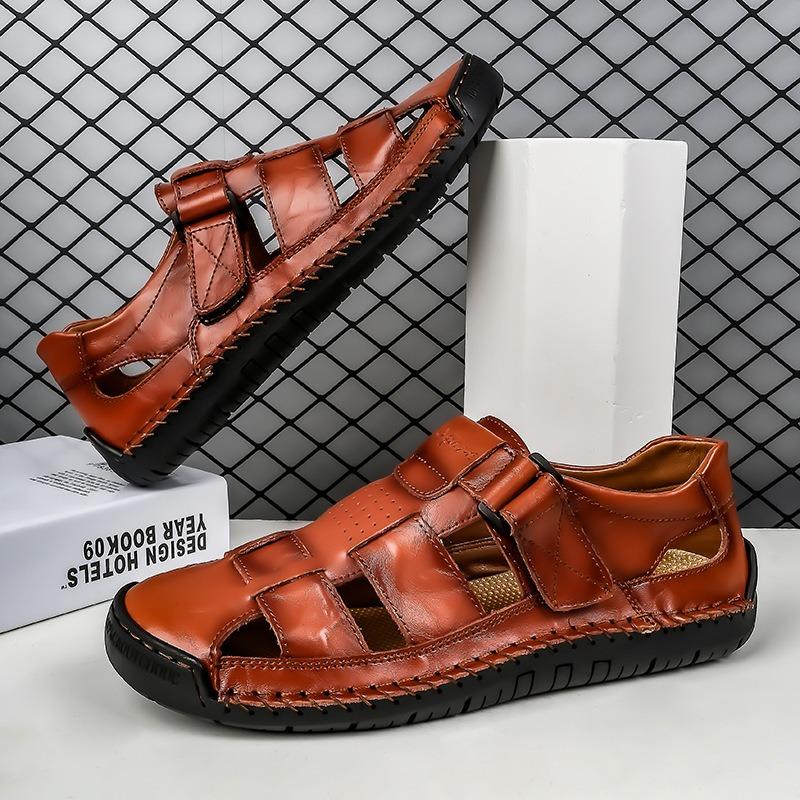 Popular leather cowhide stitched slippers men's summer new outdoor men's beach sandals men's trend