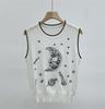 Summer Fashion Hollow Out Sweater Vest Sleeveless Moon Embroidery Knitted Top Women O-Neck Slim Black White Vest B-059