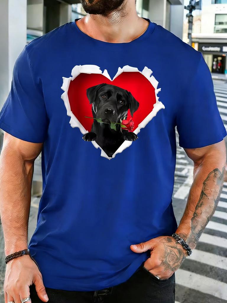 Unisex Soft Cotton Tshirt Black Lab With Red Rose Torn Heart Print Short Sleeve Tee For Pet Lover Valentines Casual Street Wear Top