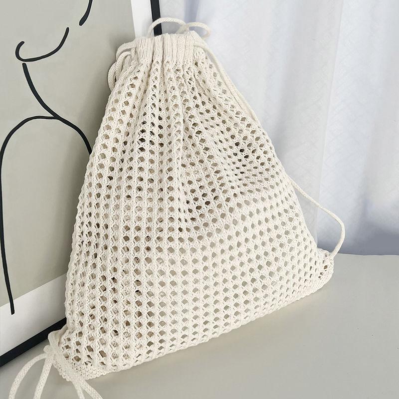 New simple woven mesh pocket drawstring backpack ins wind knitted tote bag cross-border small fresh
