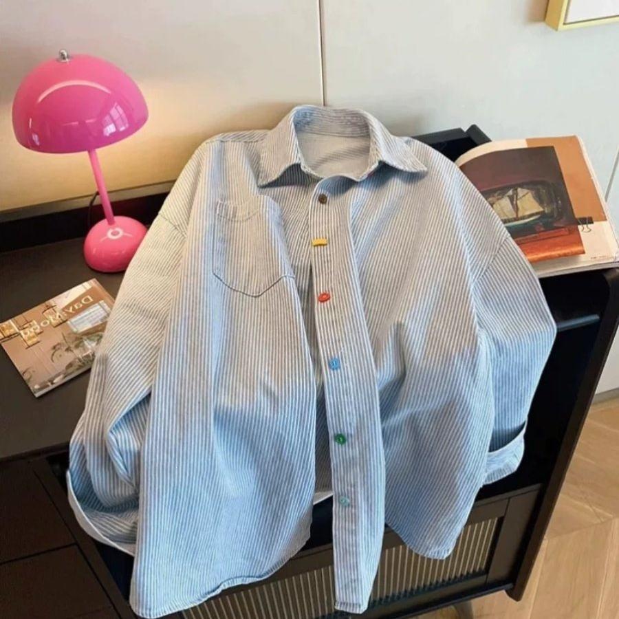 

Women s Blue Striped Long-Sleeve Retro Color Block Spring Shirt 2026 S (75-95 jin)