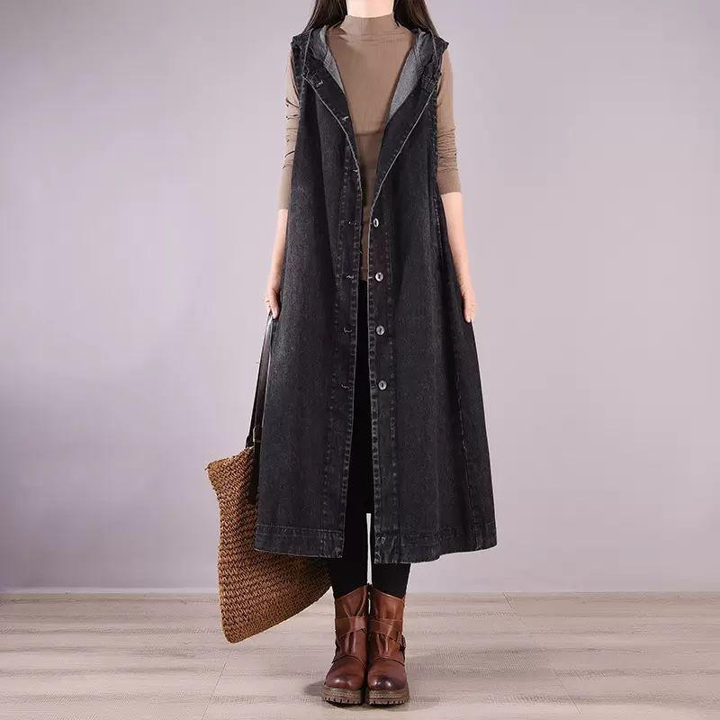 Loose Long Denim Sleeveless Hoodie Vest Autumn Fashion Outerwear for Women Simple Style Large Size Trendy Casual Jacket