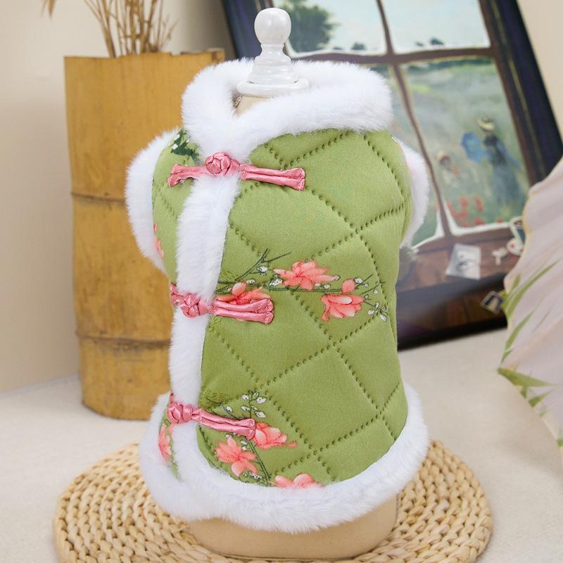 

Питомец кошка плюшевый маленький пес одежда для собак осенне-зимняя одежда утолщенная одежда на ватине принцесса национальный стиль праздничная новогодняя одежда Тан XXL зелёный