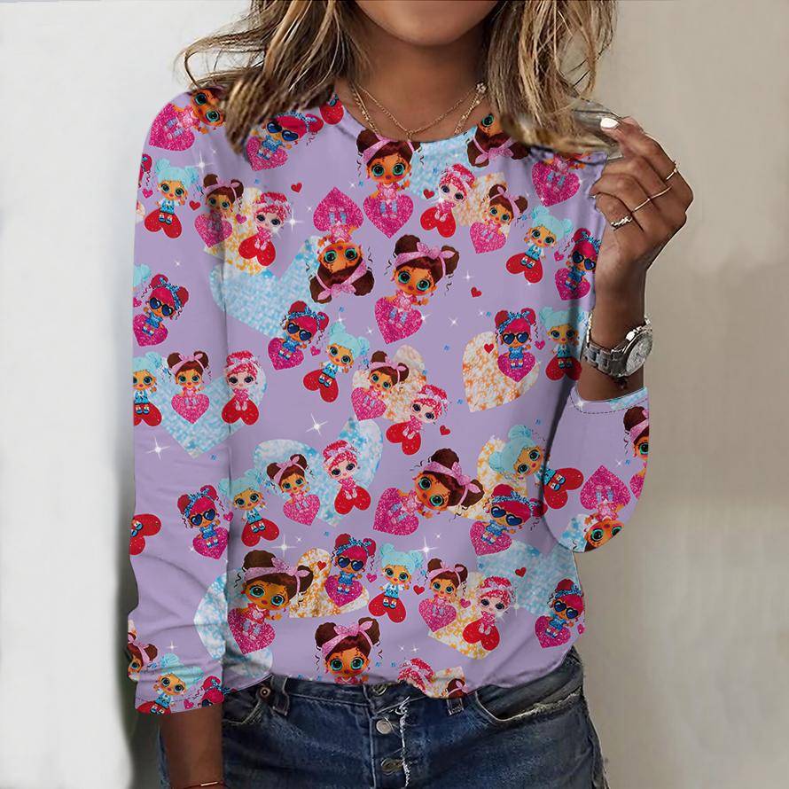 Tops For Women Loving Little Person Print Round Neck Long Sleeve T-shirt Fall Casual Slim Pullover Women's Long Sleeve Top