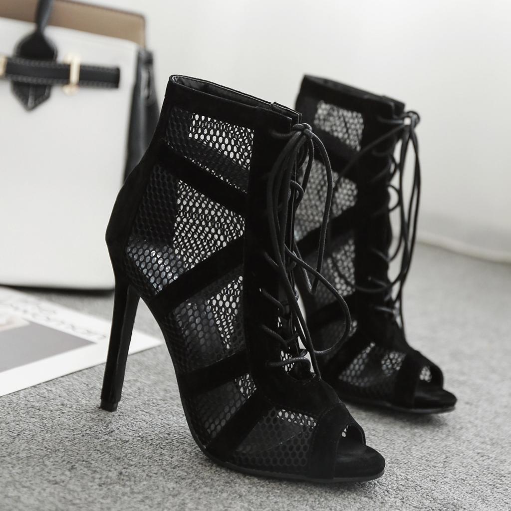 Schwarze Netz-Kreuzriemen-Sandalen für Damen, große Fischmaul-Sandalen mit hohem Absatz