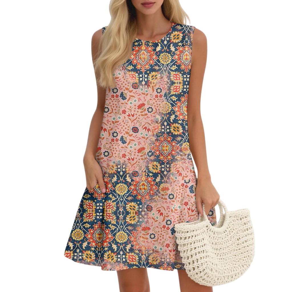 Women's Casual Fashion Breathable Round Neck Vest Floral Holiday Dress With Pockets