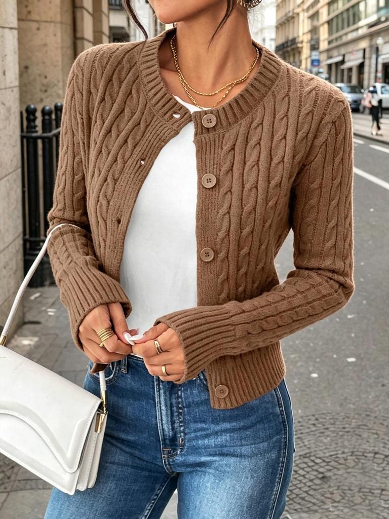 Women's Cable Knit Cardigan Sweater: Autumn/Winter Round Neck Solid Color Knitwear Top