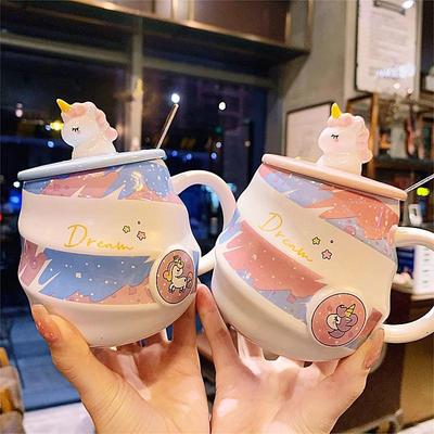 Ceramic Unicorn Mug - Rainbow Spiral Coffee Cup with Lid & Spoon, Cute for Girls