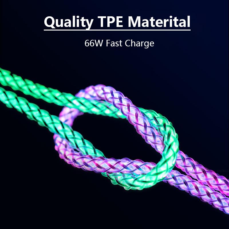 VAORLO 66W 6A datový kabel RGB žhavící nabíjení Rychlé rychlé nabíjení Pro iPhone Type-C USB nabíječka Vysoce kvalitní datový kabel