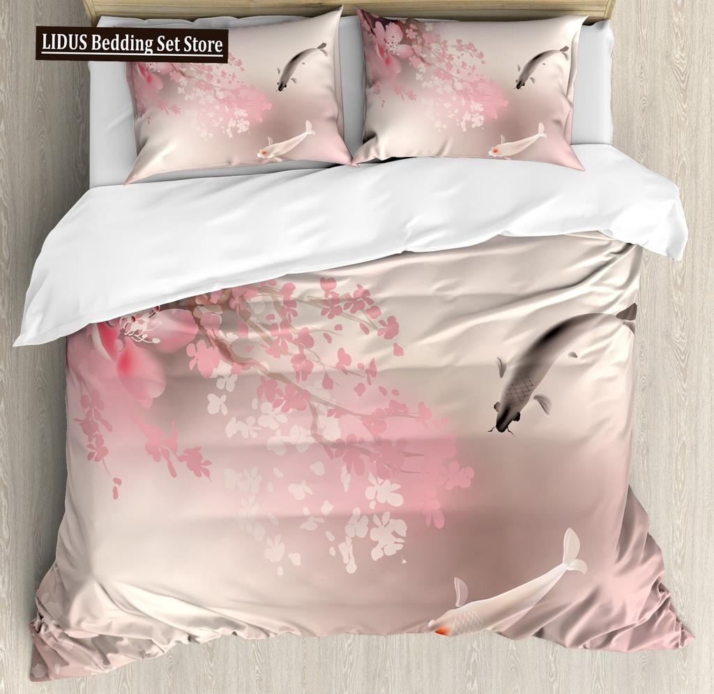 Japanese Duvet Cover Set,Branch Of A Flourishing Sakura Tree Flower Cherry Blossoms Spring Theme Art Japan Bedding Set Full Size