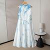 Yunnan Hand-Dyed High-Quality Women's Summer Vest Dress: Round Neck, Hollow Out Design, Waist-Cinching, Long-Length, Elegant Fit.