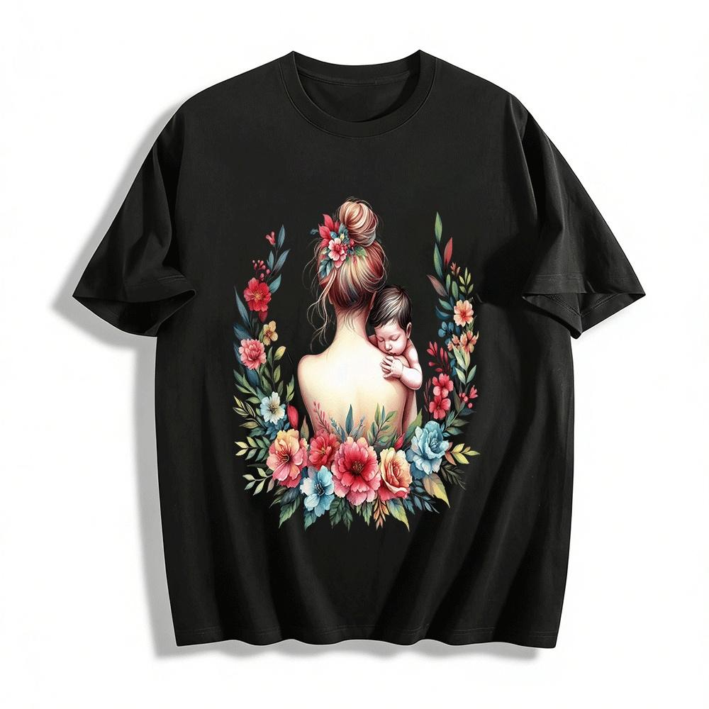 Floral Print Mom Holding Baby Casual Top Pure cotton T-shirt XXS