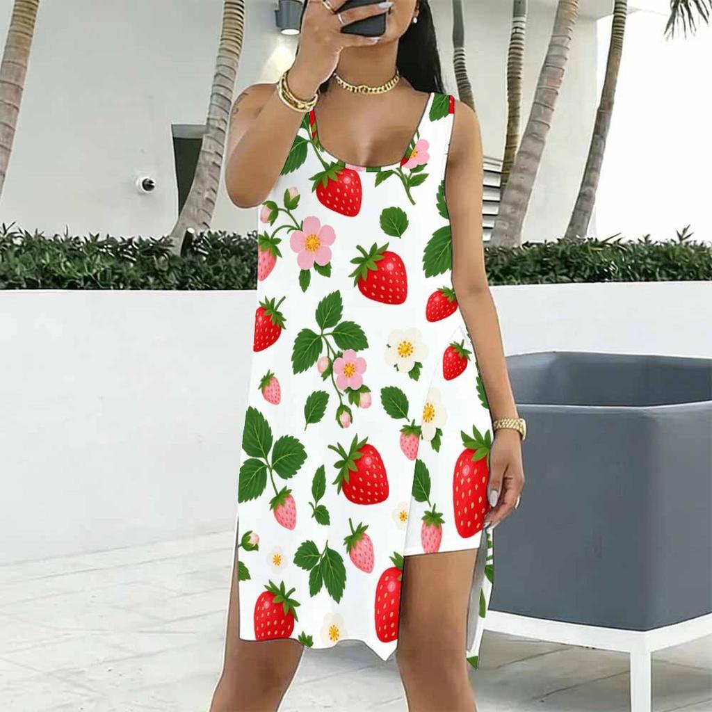 Women Plus Size Scoop Neck Sleeveless Ginkgo Leaf Printed Side Slit Tank Dress And Shorts Two Piece Set