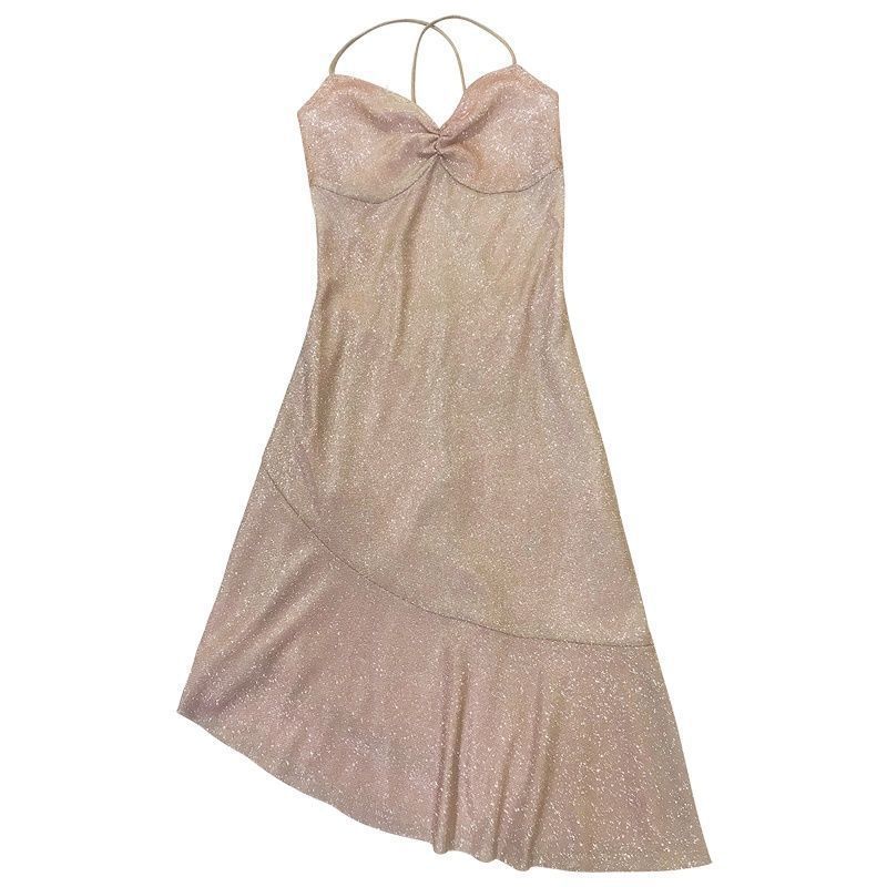 Autumn and Summer New Sexy Pink Suspender Dress, Beautiful Back Shiny Irregular Ruffle Skirt Women's Clothing