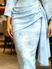 Women's Light Blue Clover Print Maxi Dress V Neck Wrap Waist Flare Sleeve Party Gown