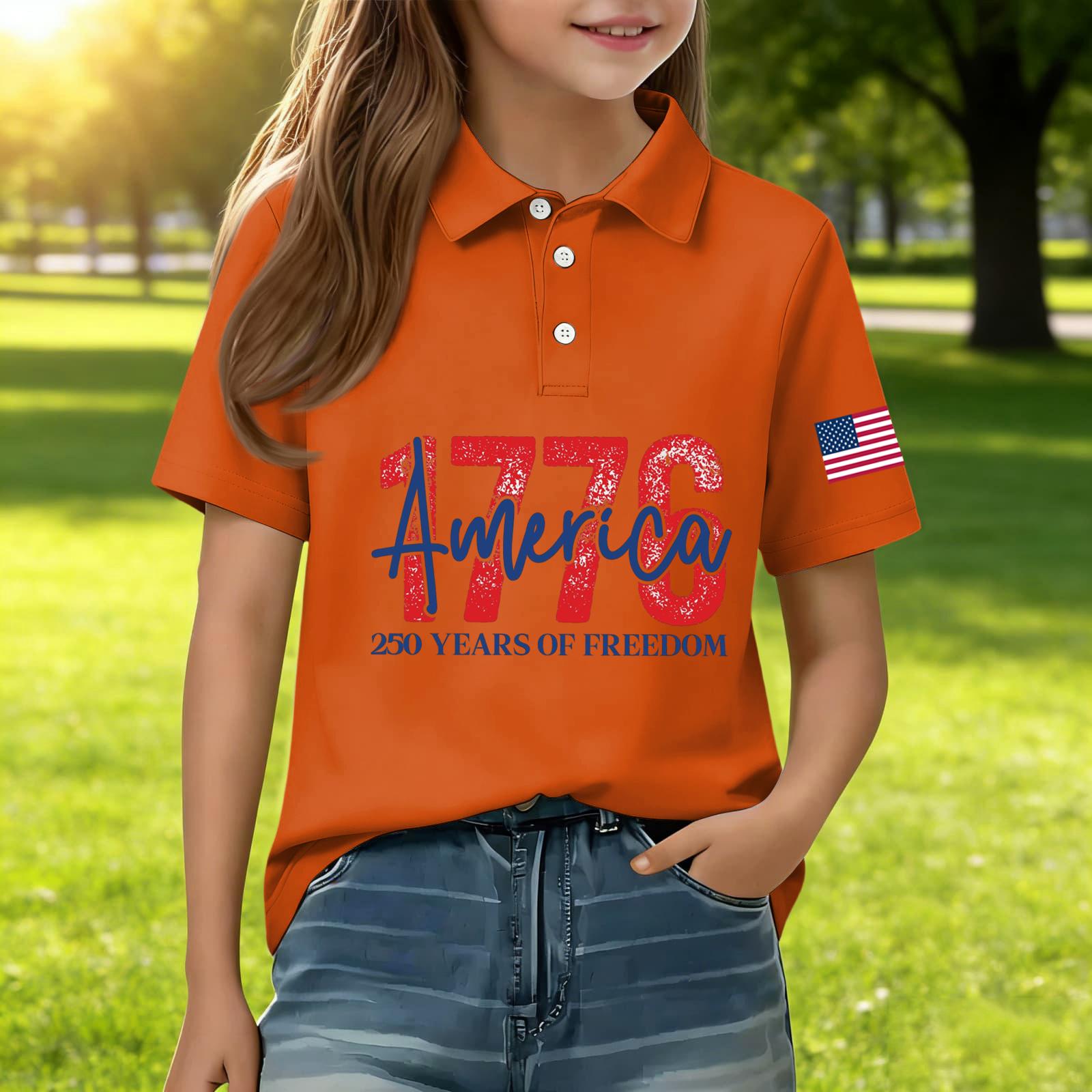 

Kids Casual Short Sleeve Polo Shirt Independence Day Print 1776 America Graphic Tee Button Down Collar Boys Girls Summer Top 130