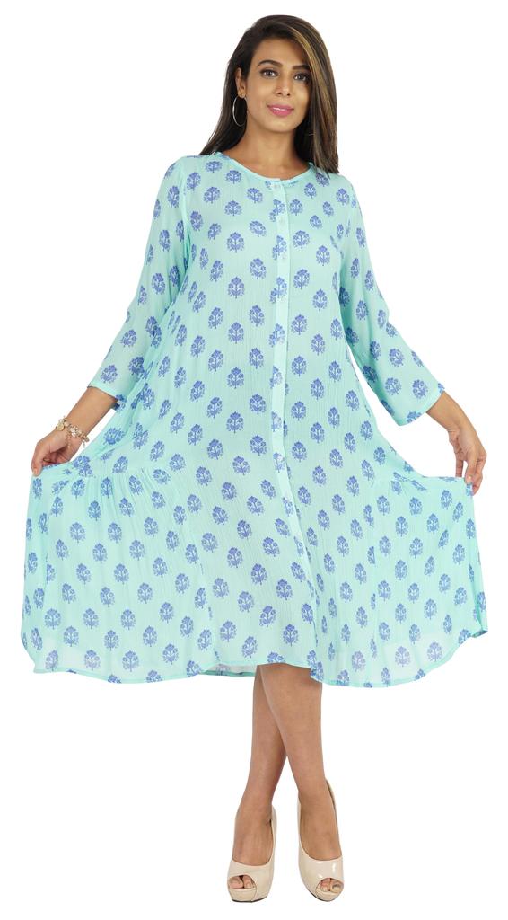 Bimba Printed Flared Midi Dress For Women Rayon Crepe Casual Summer Dress
