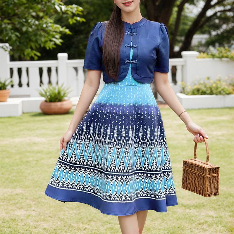 ZANZEA Women Summer Stand Collar Casual Short Sleeve Print Dress