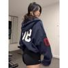 Women's Oversized Hooded Zip Up Hoodie Letter Patch Embroidery Long Sleeve Casual Streetwear Cardigan Jacket