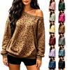 Women's Casual Round Neck Cold Shoulder Leopard Print Long Sleeve Loose Fit Sweatshirt with Pockets