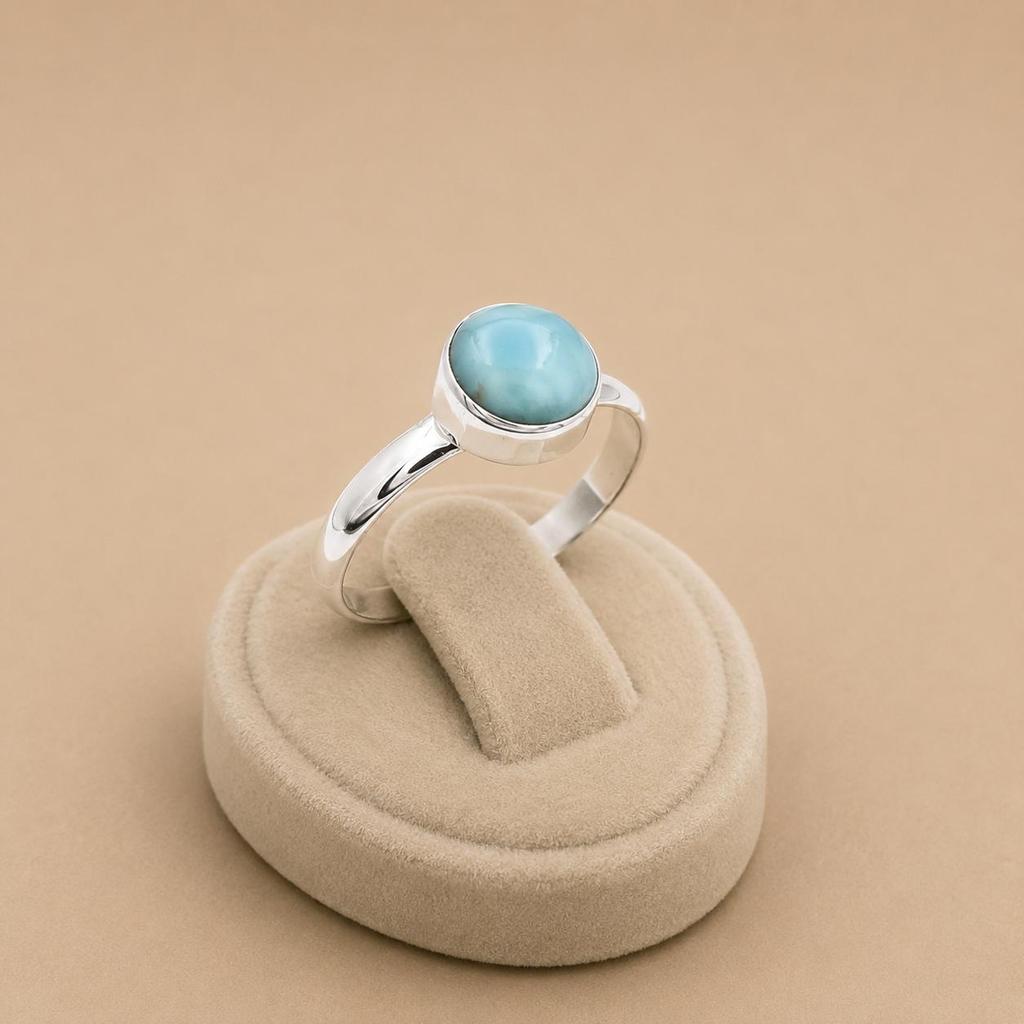 Larimar Round Gemstone Ring, 925 Sterling Silver Ring, Minimalist Blue Stone Ring, Handmade Ocean Inspired Jewelry