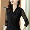 Elegant Womens V Neck Mesh Long Sleeve T Shirt With Spliced Design For Casual Wear