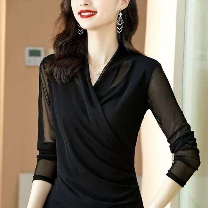 Elegant Womens V Neck Mesh Long Sleeve T Shirt With Spliced Design For Casual Wear