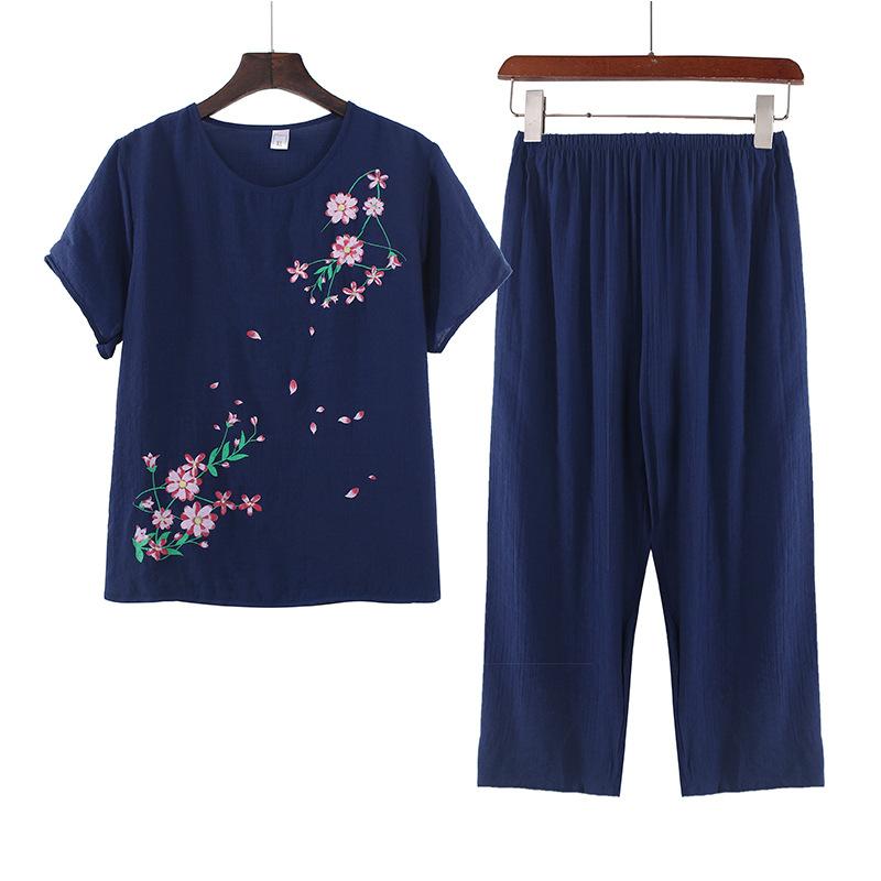 

Женский пижамный комплект из 2 предметов Весенне-летний домашний костюм Свободного кроя Топ с круглым вырезом и брюки Одежда для сна 4XL тёмно-синий