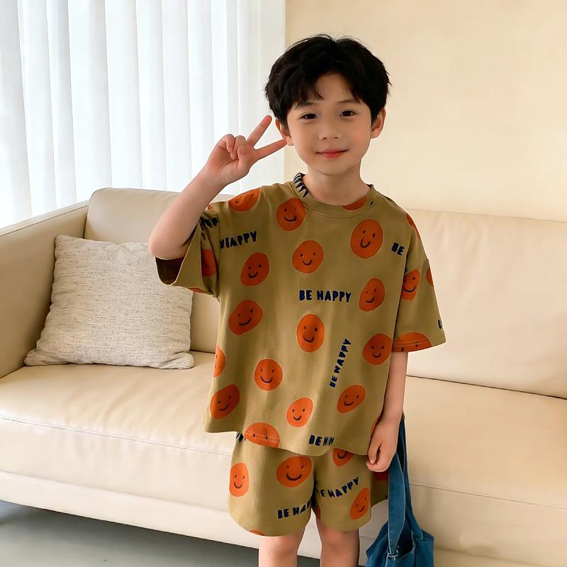 

Unisex Korean Style Smiley Face Summer Set: Short Sleeve Shirt & Shorts for Siblings 130 cm