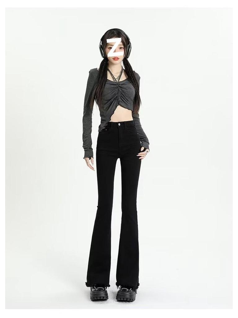 Spring/Summer Women's Black-Gray Frayed Micro-Flare High-Waisted Jeans