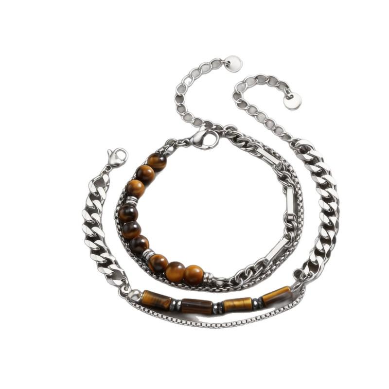 Stainless Steel Irregular Bead Bracelet With Tigers Eye Stone Geometric Design Unisex Fashion Jewelry