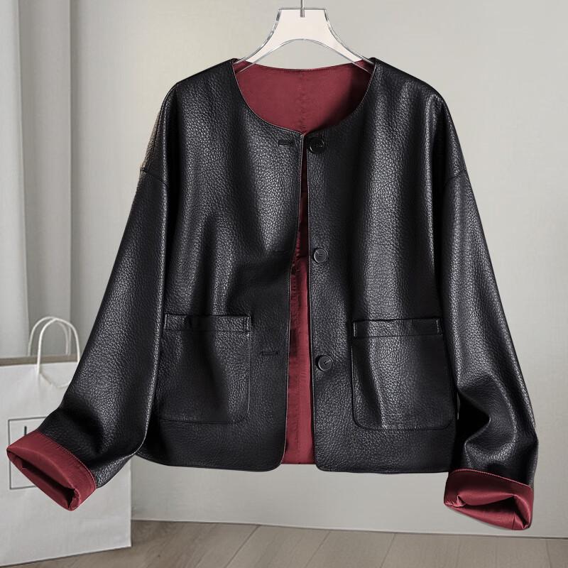 

Women s Autumn Faux Leather Round Neck Short Jacket L
