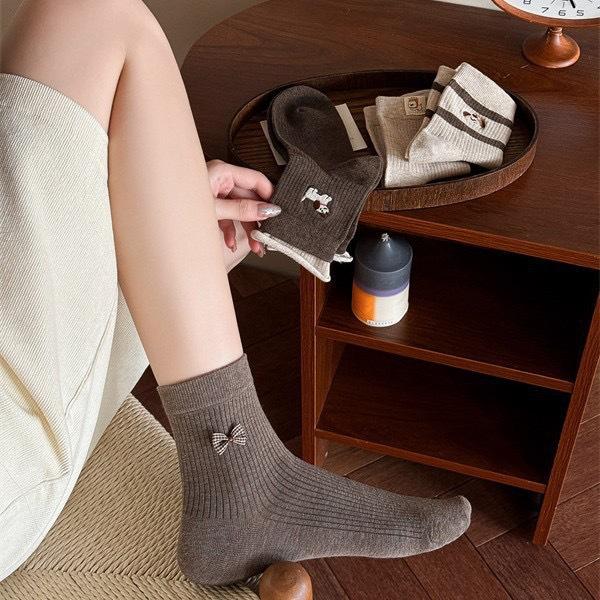 Early Autumn Embroidery Cute Cartoon Puppy Socks Striped Cotton Boneless Cloth Label Socks For Women Korean Students