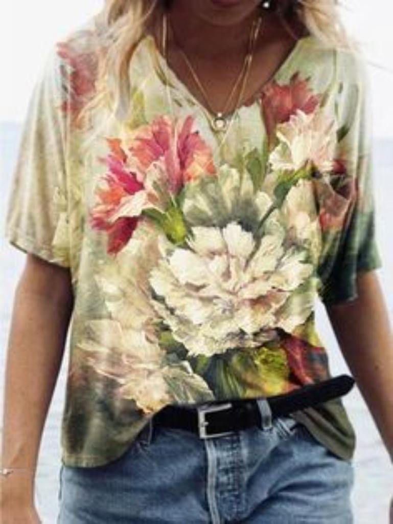 women fashion v neck short sleeve floral 3d print t shirt summer comfortable sportwear tops