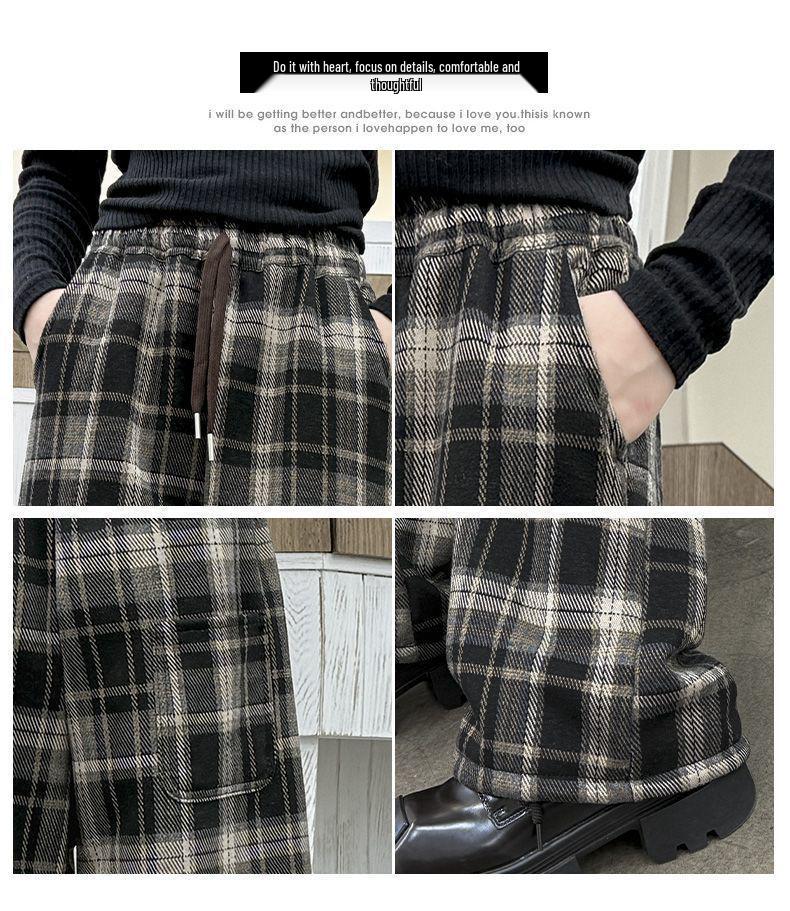 2025 Autumn/Winter Girls' Fashion Plaid Wide-Leg Barrel Pants - Stylish Casual Trousers for Kids