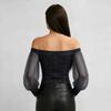 Womens Off Shoulder Denim Style Top Long Sheer Sleeve Button Front Casual Blouse Stretch Waistband