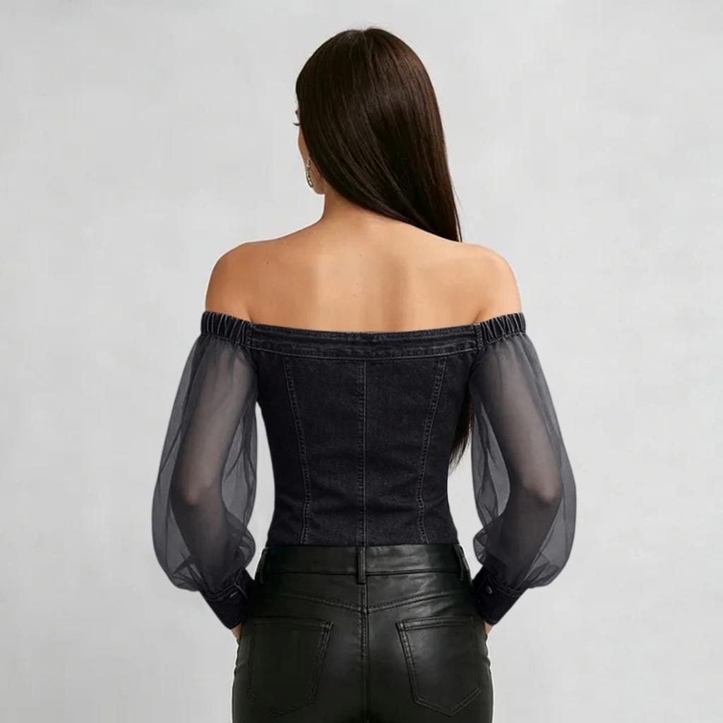 Womens Off Shoulder Denim Style Top Long Sheer Sleeve Button Front Casual Blouse Stretch Waistband