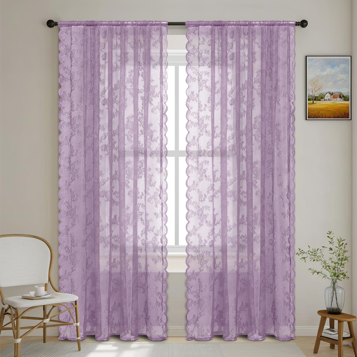 

1pc Romantic Lace Sheer Curtain, Flower Lace Window Curtains for Living Room Bedroom Home Decor, Window Screening Rod Pocket W150 X H250CM 1PC&Rod Pocket світло-фіолетового кольору