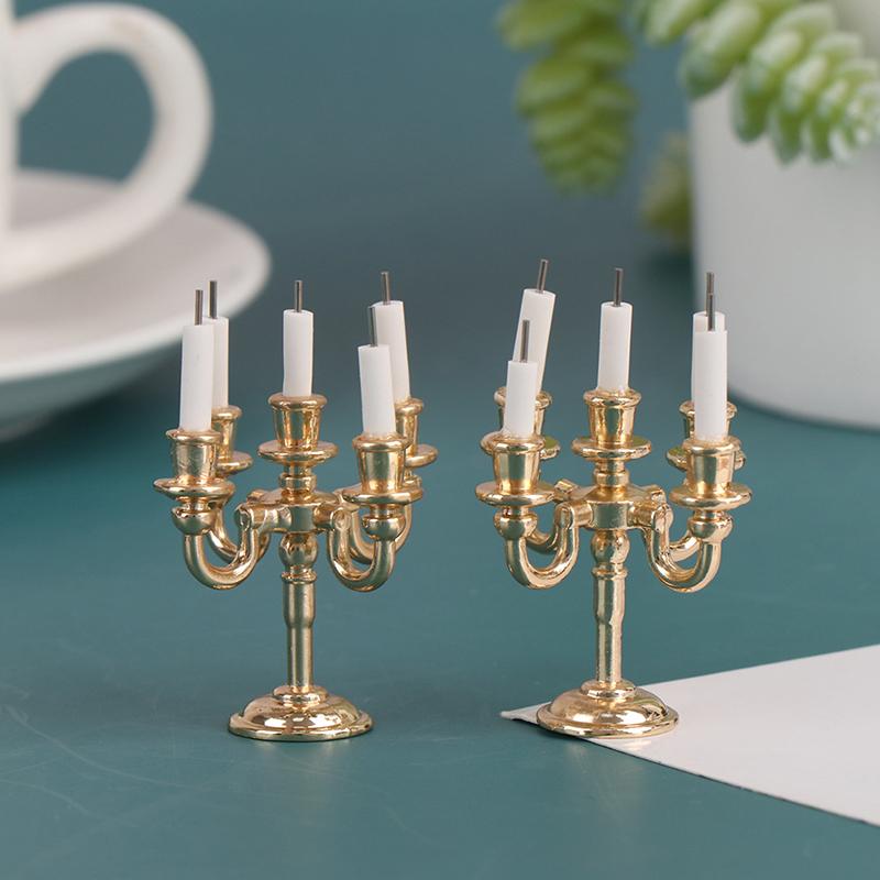 1Pair 1:12 Dollhouse Mini Table Candle Candlestick Christmas Scene Home Ornament Cake Candle Holder Decorating Doll House