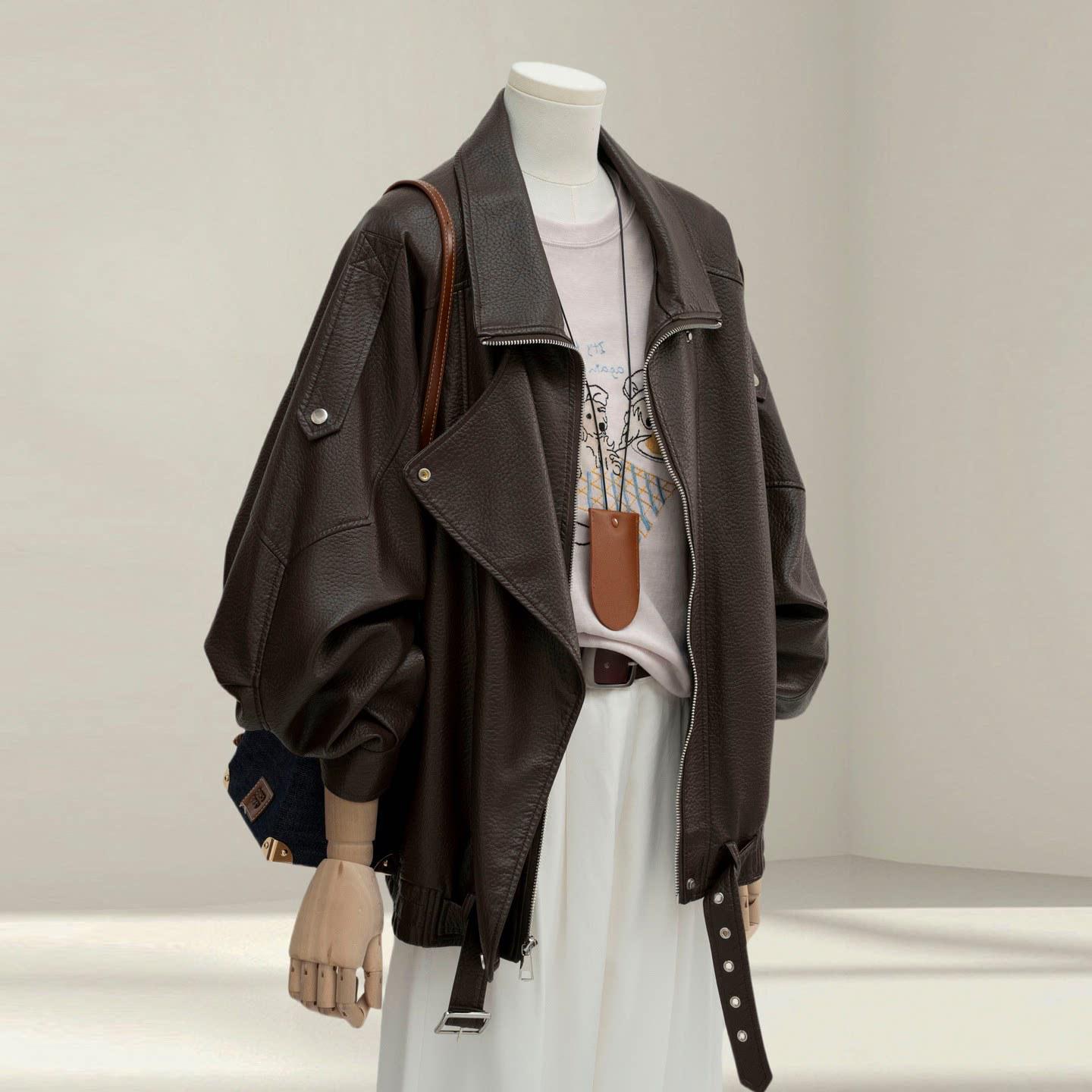 

Meilade Women s Thickened Leather Motorcycle Jacket, Autumn/Winter 2026, Niche Style, Plus Velvet, Loose Fit. 2XL