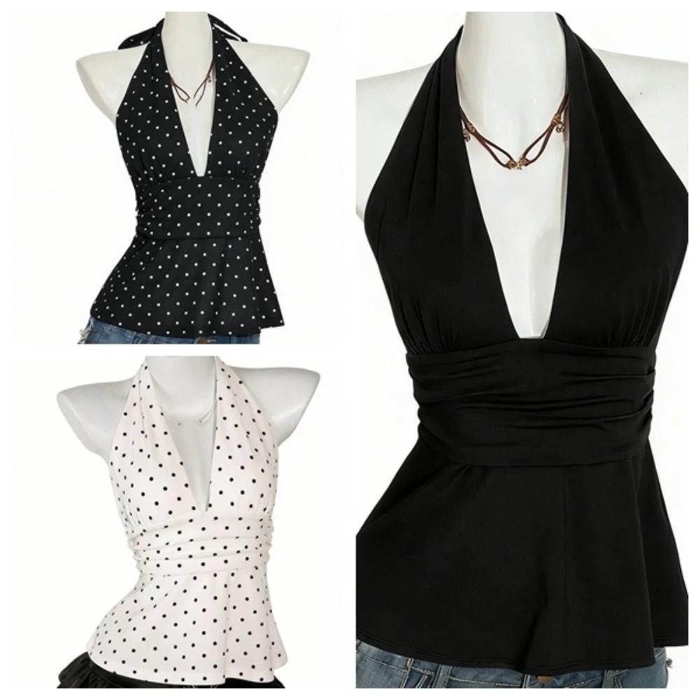Deep V Neck Lace-up Dots Camisole Pleated Halter Ruffle Vest Ins Style Women Crop Top Girl
