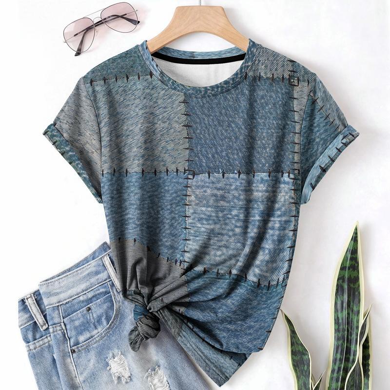Letní dámské tričko s krátkým rukávem, kulatým výstřihem, patchworkovým džínovým vzorem a 3D potiskem