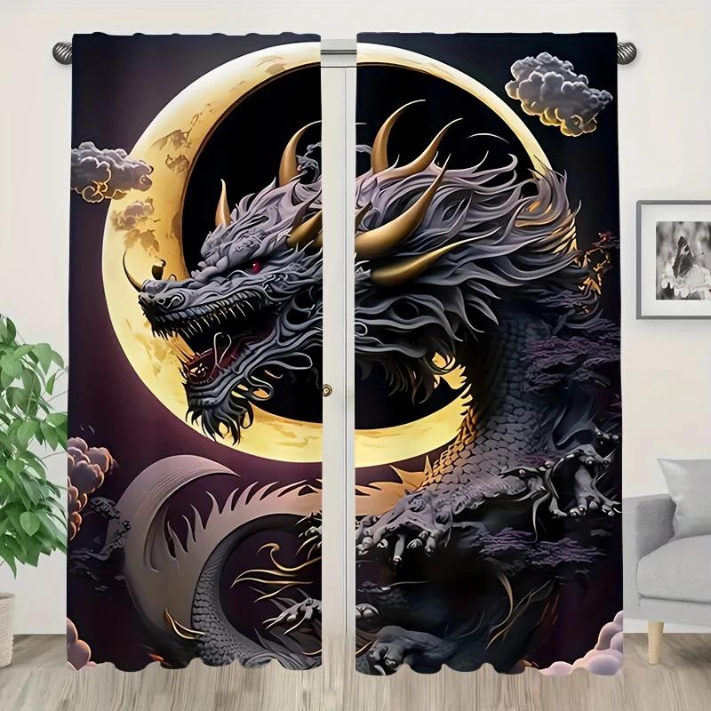 Classic 3D Embossed Black Dragon Totem Metal Printed Curtains, Pole Bag Home Decoration, Room Decoration