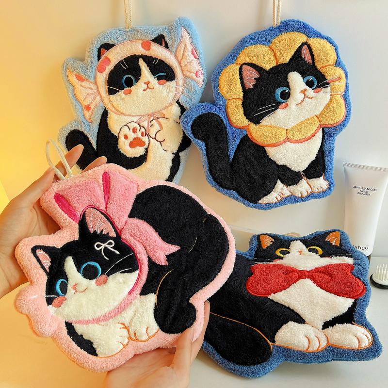 Cartoon Coral Velvet Hand Towel For Kitchen Kawaii Cat Hand Wipe Cleaning Cloth Bathroom Hanging Towel Absorbent Clean Rag
